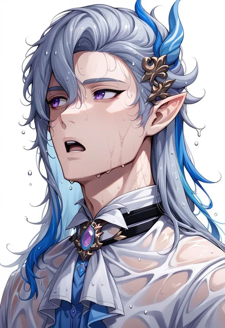 neuvillette, 1boy, male focus, purple eyes, solo, wet, long hair, white background, hair ornament, grey hair, multicolored hair, looking to the side, blue hair, simple background, wet clothes, open mouth, brooch, white ascot, pointy ears, ascot, 1boy, male focus, feather hair ornament zPDXL