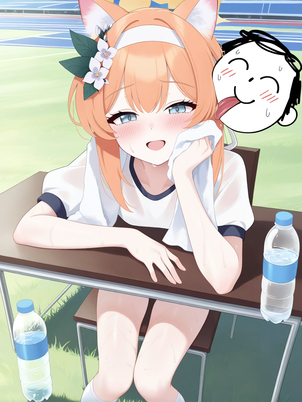 (masterpiece,best quality,ultra_detailed,highres,absurdres:1.2,amazing quality,very aesthetic),<lora:mako style ilxl_v1:0.8>,mari \(track\) \(blue archive\),1girl,solo,doodle sensei \(blue archive\),sitting,table,sitting,on chair,cup,water bottle,towel,sweat,shy,smile,licking another's face,outdoors,field,grass,runway,open mouth,arm rest, arm on table,
