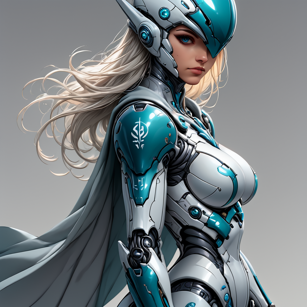 ArsNijiStyle, robotic knight, The image is a digital illustration of a female warrior in a futuristic suit. She is standing with her back to the viewer facing towards the right side of the image. The suit is predominantly white with blue accents and it has a large helmet with two horns on top. The helmet has a futuristic design with intricate details and a pointed nose. The woman's body is covered in armor with a large chest plate and a smaller chest plate. She has long blonde hair that is styled in a sleek bob. The background is a plain grey color and the overall style of the illustration is futuristic and futuristic., 1girl, solo, blue eyes, breasts, cape, helmet, long hair, looking at viewer, gradient background, gradient core_9, score_8_up, score_7_up, score_6_up, <lora:Ars_Niji_Style_SDXL:1>