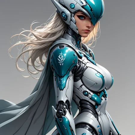 ArsNijiStyle, robotic knight, The image is a digital illustration of a female warrior in a futuristic suit. She is standing with her back to the viewer facing towards the right side of the image. The suit is predominantly white with blue accents and it has a large helmet with two horns on top. The helmet has a futuristic design with intricate details and a pointed nose. The woman's body is covered in armor with a large chest plate and a smaller chest plate. She has long blonde hair that is styled in a sleek bob. The background is a plain grey color and the overall style of the illustration is futuristic and futuristic., 1girl, solo, blue eyes, breasts, cape, helmet, long hair, looking at viewer, gradient background, gradient core_9, score_8_up, score_7_up, score_6_up, <lora:Ars_Niji_Style_SDXL:1>