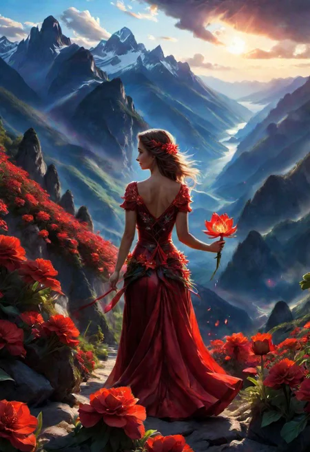 butifl girl, the scarlet flower glows, mountains, magical light,