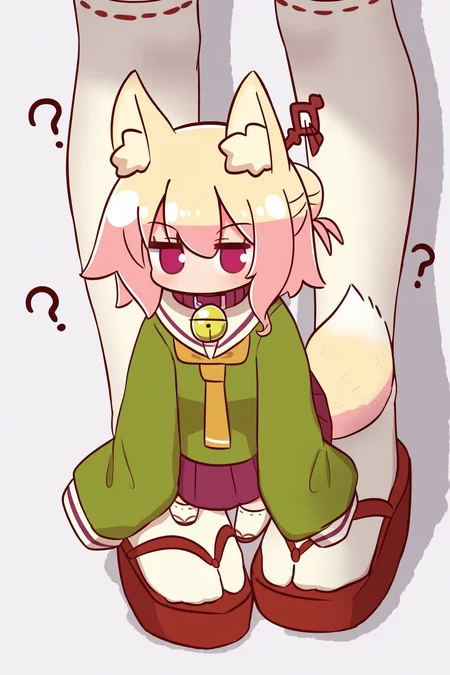 1girl, kemomimi-chan \(naga u\), 
naga u, 
?, animal ears, bell, blonde hair, brown collar, brown footwear, character doll, collar, eyebrows hidden by hair, fox ears, fox girl, fox tail, green shirt, hair between eyes, jingle bell, long sleeves, neck bell, necktie, orange necktie, pleated skirt, purple eyes, purple skirt, ribbon-trimmed thighhighs, ribbon trim, sandals, shirt, simple background, skirt, sleeves past fingers, sleeves past wrists, solo, standing, tail, thighhighs, white background, white thighhighs, zouri
reflection, close-up, realistic skin, film grain, light and shadow contrast, high definition, amazing quality,
A cartoon character with a big smile on its face. the character is wearing a green jacket, purple skirt, and brown shoes. it has long blonde hair that is styled in two large ears with pink bows on top. the background is white. in front of the character, there are three smaller cartoon characters - one is standing on its hind legs, another is sitting on its stomach, and the third is lying down. all three characters appear to be happy and relaxed.
very aesthetic, best quality, masterpiece, best quality, very aesthetic, highres, absurdres, sensitive
