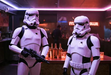 (80sPortrait), indoors, bar, Star Wars, two storntroopers, neon lights