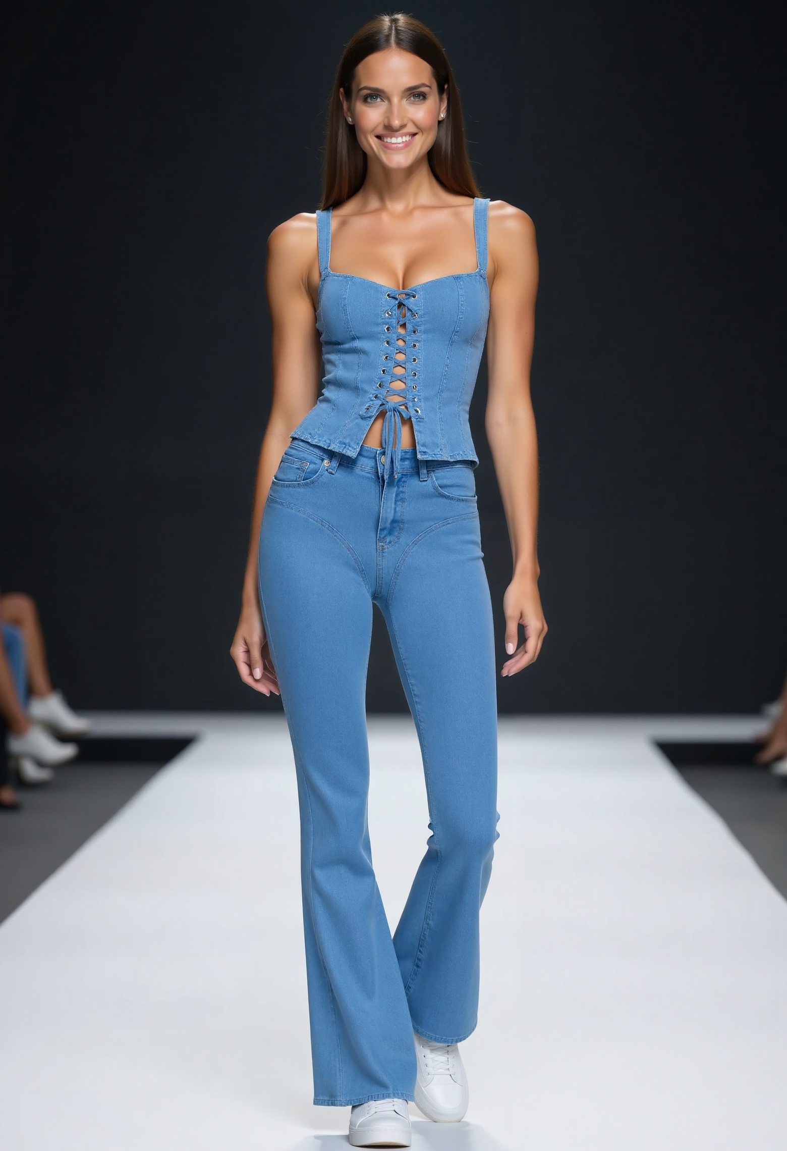 beautiful young woman, small round breasts, seductive smile, perfect makup, clo020, Full-body shot of a woman wearing a mid-blue wash corset-style denim top with lace-up front, high-waisted flared jeans, modern styled white sneakers posing on a catwalk