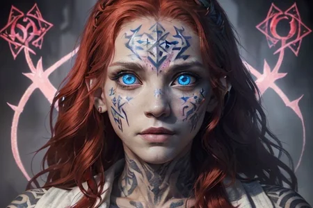 bright red hair, human female, (feminine:1.7), (beautiful face, detailed face:1.6), (beautiful eyes, detailed eyes:1.7), (looking at viewer, eye contact, intense:1.6), (long hair, red hair, curly hair:1.3), , ((masterpiece, best quality, high resolution, realistic, best quality,)), photo realistic, Perfect Face, (detailed face). <lora:GoodHands-vanilla:0.6> <lora:add-detail-xl:0.8>, mage, (Dress White military uniform coat), dagger, rune dagger, glowing runes, , (((glowing magic symbols tattoos, religious tattoos))), ((face tattoos)), glowing tattoos, stone tower in the background