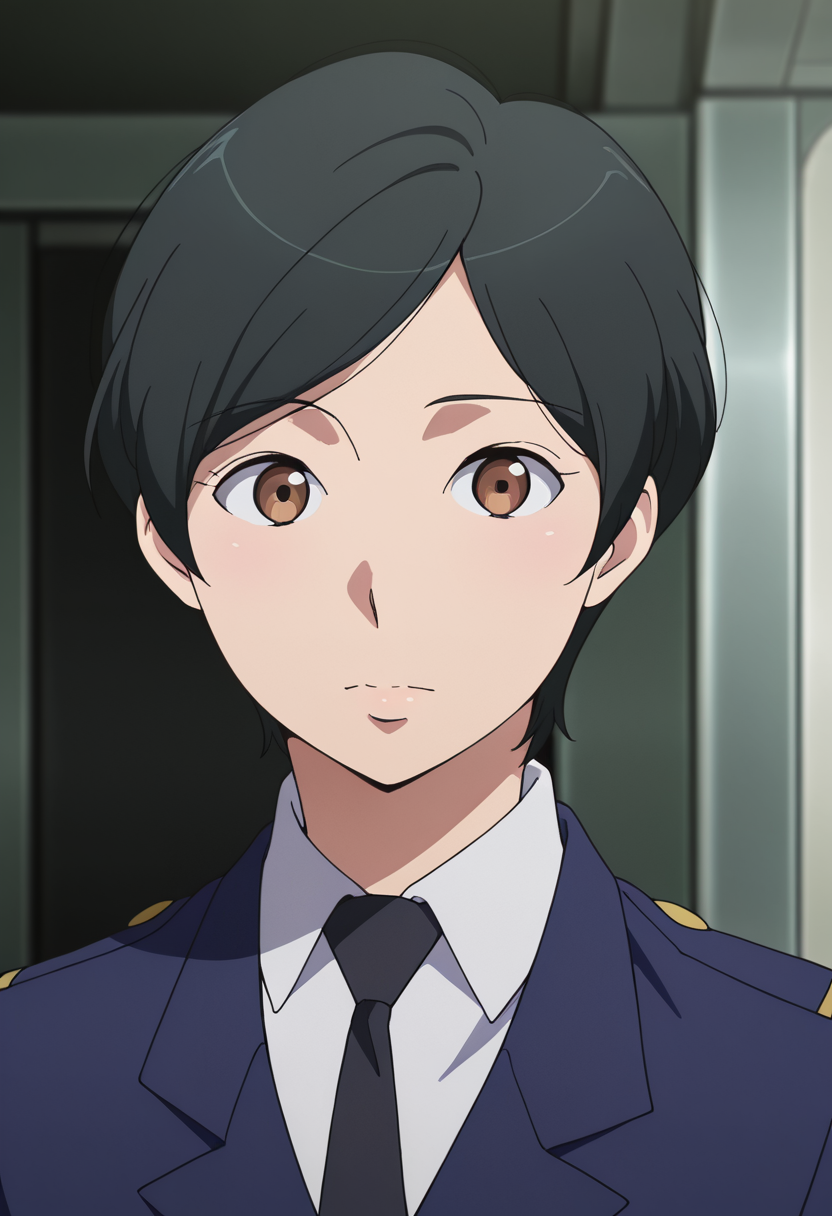 masterpiece, best quality, amazing quality, very aesthetic, absurdres, newest, illustration, perfect composition, intricate details, highres, anime coloring, 1girl, solo, (portrait:1.2), kaoruww, mature female, brown eyes, black hair, short hair, formal, military uniform, skirt suit, black necktie, blue military jacket, white collared shirt, looking at viewer, shiny body, shiny skin, skindentation, clear skin, shiny hair, ultra detailed eyes, depth of field, sharp, intricate details, hyperdetailed, ultra-detailed, detailed clothing folds, high contrast, dynamic light <lora:Mizusaki_Kaoru_Aldnoah_Zero_ill:1>