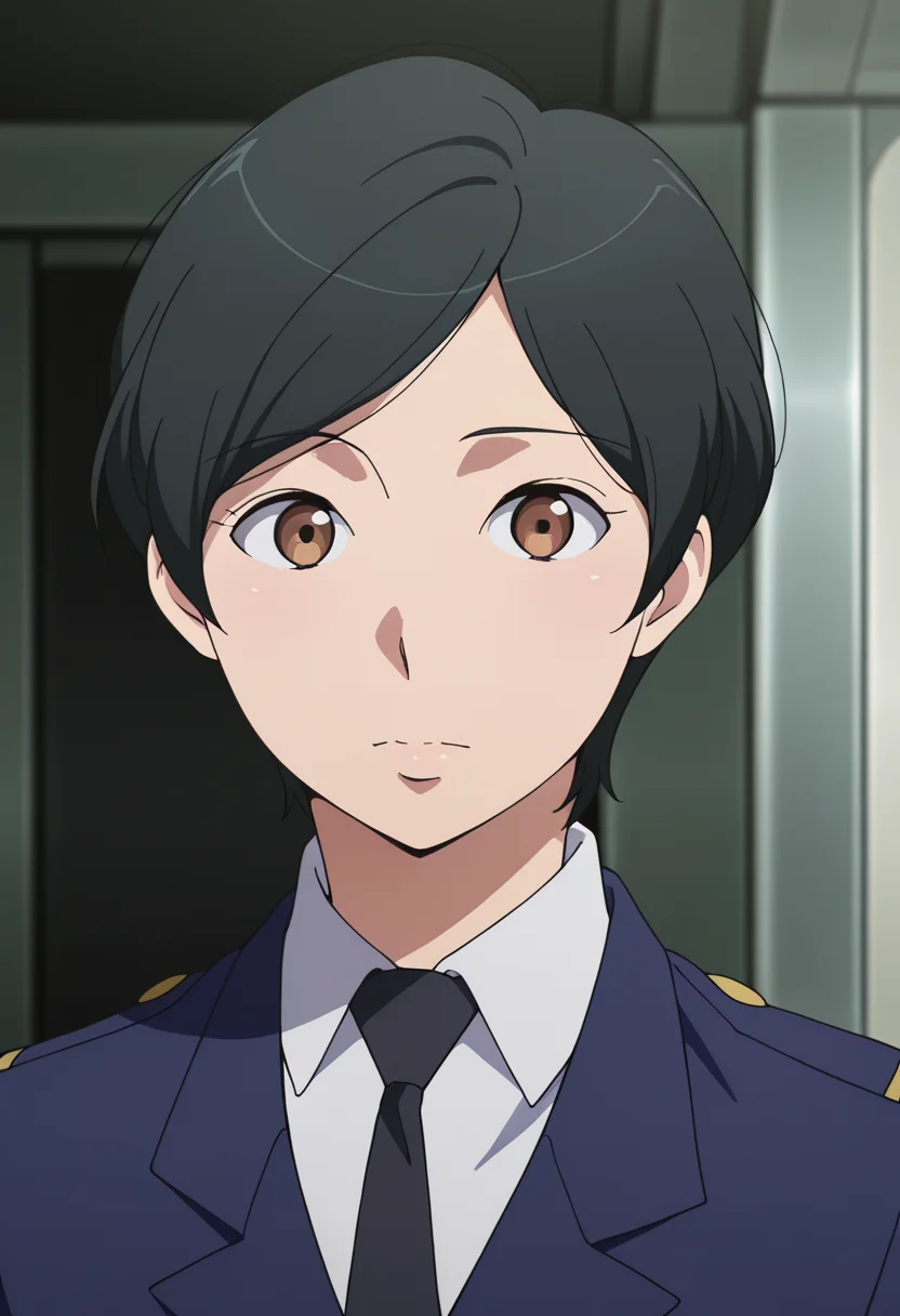 masterpiece, best quality, amazing quality, very aesthetic, absurdres, newest, illustration, perfect composition, intricate details, highres, anime coloring, 1girl, solo, (portrait:1.2), kaoruww, mature female, brown eyes, black hair, short hair, formal, military uniform, skirt suit, black necktie, blue military jacket, white collared shirt, looking at viewer, shiny body, shiny skin, skindentation, clear skin, shiny hair, ultra detailed eyes, depth of field, sharp, intricate details, hyperdetailed, ultra-detailed, detailed clothing folds, high contrast, dynamic light <lora:Mizusaki_Kaoru_Aldnoah_Zero_ill:1>