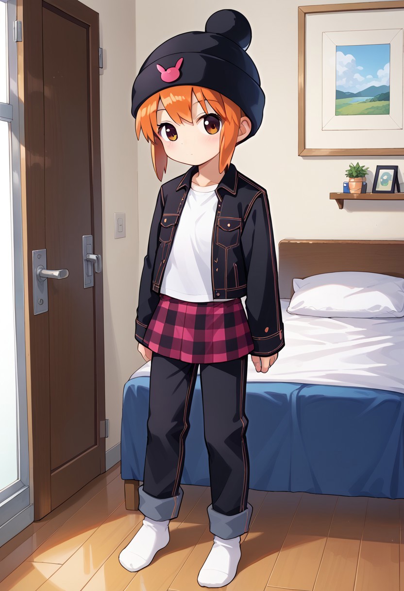 score_8, score_8_up, score_7_up, source_anime, BREAK 1girl, female focus, solo, flat chest, usagi_kurokawa, beanie, black headwear, hat ornament, orange hair, bangs, short hair, sidelocks, denim jacket, black jacket, collared jacket, breast pocket, long sleeves, skirt, plaid skirt, pants under skirt, black pants, jeans, socks, white socks, full body, indoors, (open jacket:1.5), white shirt, t-shirt, white t-shirt, standing,