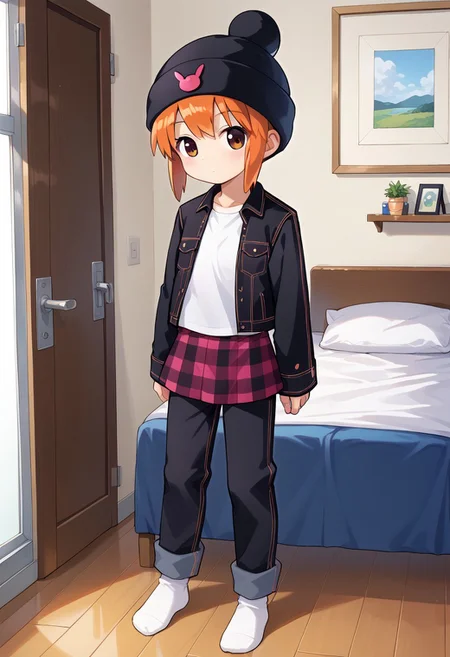 score_8, score_8_up, score_7_up, source_anime, BREAK 1girl, female focus, solo, flat chest, usagi_kurokawa, beanie, black headwear, hat ornament, orange hair, bangs, short hair, sidelocks, denim jacket, black jacket, collared jacket, breast pocket, long sleeves, skirt, plaid skirt, pants under skirt, black pants, jeans, socks, white socks, full body, indoors, (open jacket:1.5), white shirt, t-shirt, white t-shirt, standing,