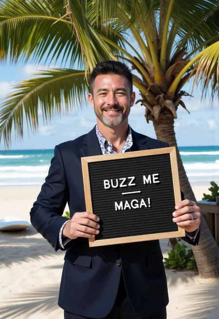 Smiling UK soldier standing akimbo.holding a board with words"Buzz Me,MAGA!", He is in uniform suit, shirt patterened cloth, with conconut trees and beach surf. .