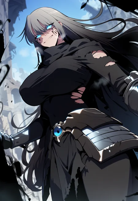 score_9, score_8_up, score_7_up, score_6_up, source_anime, rating_explicit, <lora:neg4all_bdsqlsz_V3.5:2.0>1girl, (solo:1.2), huge breasts, <lora:Dark Teresa du Laurentiaponyxl:1> facial tattoo, facial mark, blue eyes, long hair, glowing eyes, grey hair, black hair, black cape, black armor, torn clothes, black shirt, black gauntlets, smile, grin, Narrow shoulders, heavy breathing, steaming body, ruins, outdoors