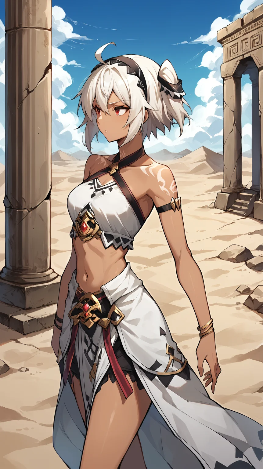 score_9,score_8_up,score_7_up,score_6_up, source_anime, zPDXL, <lora:xl_more_art-full_v1:0.5>, girl, dynamic pose, <lora:Myne - Pony:0.7>, dark skin, white tattoo, white dress, gold trim, halterneck, navel, bare shoulders, short white hair, side ponytail, red eyes, ahoge, headdress, bracelet, armlet, looking away, desert, sand dunes, sandstorm, ruins, sandstone, pillars,