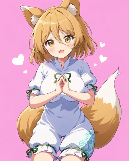 kudamaki tsukasa,1girl, solo, fox_tail, pink_background, romper, green_ribbon, simple_background, heart_hands, open_mouth, short_sleeves, looking_at_viewer, white_socks, smile, mandarin_collar, seiza, bow, fox_girl, signature, puffy_sleeves, breasts
<lora:kudamaki_tsukasa_image1939_2023-12-20-000014:1>,star-shaped_pupils,symbol-shaped_pupils,. gorgeous,key visual, vibrant, studio anime,award-winning, professional, highly detailed,high budget, cinemascope