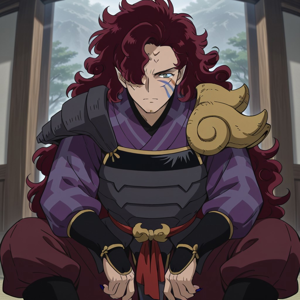 Masterpiece, best quality, high quality, detailed, 1boy, solo, male focus, Kirinmaru, mature male, tall male, long hair, bulbous hair, pubic hair, hair over one eye, red hair, green eyes, scales on right cheek, scales on forehead, blue markings on left cheek, greyish-purple nails, sharp nails, japanese clothes, long sleeved top, purple and lavender top, black undershirt, reddish pants, black gold trimmed armor, black gauntlets, black boots, half body