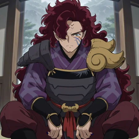 Masterpiece, best quality, high quality, detailed, 1boy, solo, male focus, Kirinmaru, mature male, tall male, long hair, bulbous hair, pubic hair, hair over one eye, red hair, green eyes, scales on right cheek, scales on forehead, blue markings on left cheek, greyish-purple nails, sharp nails, japanese clothes, long sleeved top, purple and lavender top, black undershirt, reddish pants, black gold trimmed armor, black gauntlets, black boots, half body