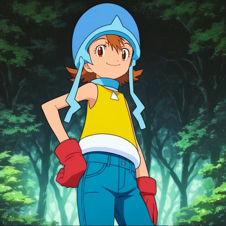 core_9, score_8_up, score_7_up, source_anime, prefect lighting, very aesthetic, intricate details, highly detailed background, high quality, prefect hands, best quality,1girl, digimon, sora takenouchi, short hair, brown eyes, helmet, blue headwear, yellow t-shirt, sleeveless, high collar, red gloves, jeans, standing, hand on hip, outdoors, forest, looking at viewer, smile, closed mouth