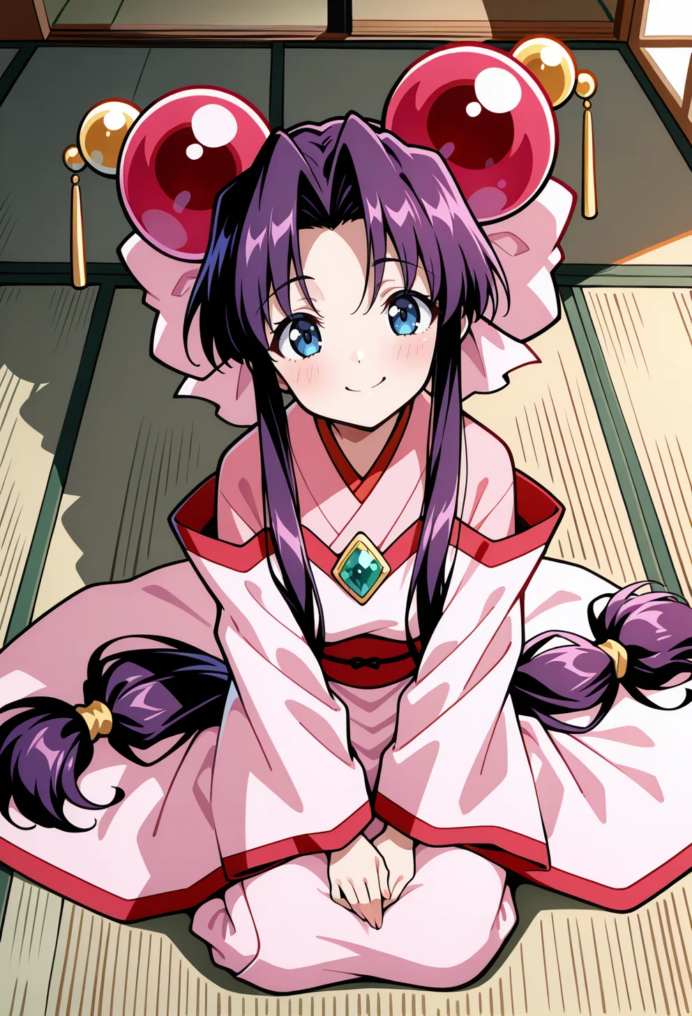 masterpiece, best quality, high quality, anime, amazing quality, very aesthetic, absurdres, highres, newest, HDR, 8K, high detail RAW color art, intricate details, detailed background,
<lora:AECherryIlx:1>
AECherry, blue eyes, purple hair, long hair, low-tied long hair, hair bow, hair ornament, huge bow, pink bow, pink kimono, long sleeves, gem,
smile, sitting, yokozuwari, tatami, v arms, from above, looking at viewer, head tilt,