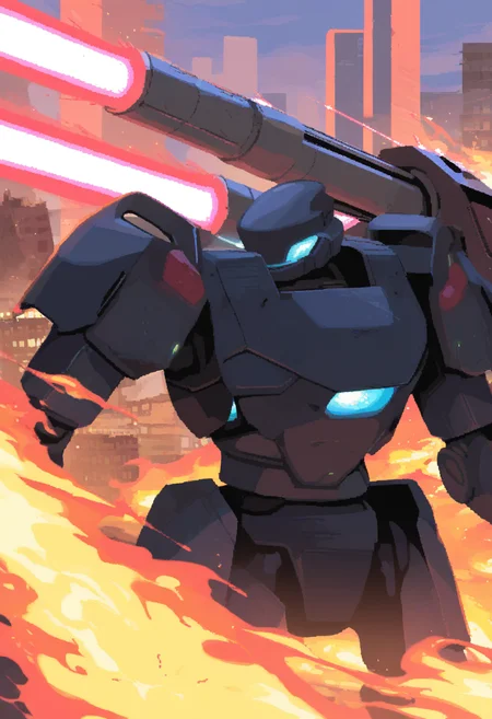 masterpiece, best quality, very aesthetic, absurdres,
rorr,
mecha, no humans, black armor, blue eyes, science fiction, fire, laser canon beam, war, conflict, destroyed city background, <lora:RoRRNoobLocon_byKonan:1>