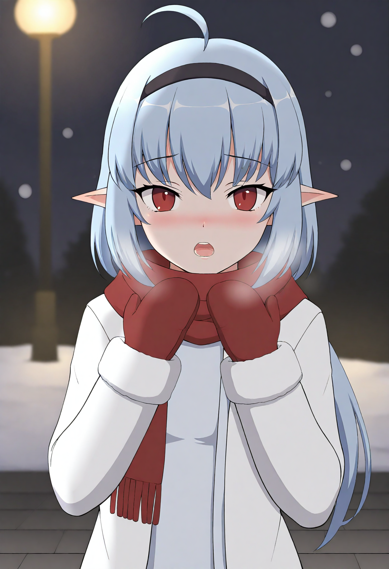 masterpiece,best quality,<lora:jsk_style_noob_eps_1.1:0.8>,1girl,scarf,pointy ears,red eyes,red scarf,solo,blue hair,blurry,ahoge,hairband,open mouth,blurry background,blush,looking at viewer,upper body,coat,depth of field,open clothes,black hairband,bangs,white coat,outdoors,mittens,teeth,
