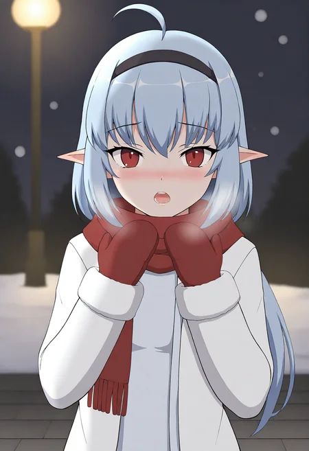 masterpiece,best quality,<lora:jsk_style_noob_eps_1.1:0.8>,1girl,scarf,pointy ears,red eyes,red scarf,solo,blue hair,blurry,ahoge,hairband,open mouth,blurry background,blush,looking at viewer,upper body,coat,depth of field,open clothes,black hairband,bangs,white coat,outdoors,mittens,teeth,