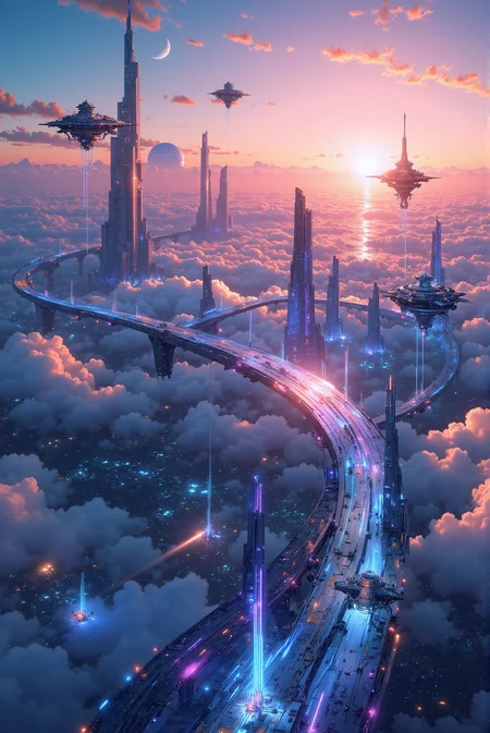 <lora:Vibrantly_sharp_style_v.3:0.8> VibrantlySharp style. A breathtaking vision of a utopian future unfolds in this scene of a magnificent sky-city, suspended above the clouds and bathed in a radiant golden-pink sunset. Vast, elevated highways with sleek metallic surfaces extend into infinity, their glowing blue energy conduits illuminating the pathways for hovering starships that weave gracefully through the sky. Towering spires, adorned with luminous data streams and intricate crystalline architecture, pierce the heavens, their surfaces reflecting the soft gradient hues of the celestial backdrop. In the distance, a colossal gas giant looms, its rings casting a soft iridescence across the sky, reinforcing the sense of interstellar grandeur. The clouds beneath, thick and voluminous, form an ocean of atmospheric currents, through which glimpses of a hidden cityscape can be seen below. The color palette, a blend of warm pastels and cool neon accents, creates a harmonious fusion of cyber-futurism and celestial serenity, evoking the dreamlike splendor of a technologically advanced civilization soaring above the world.