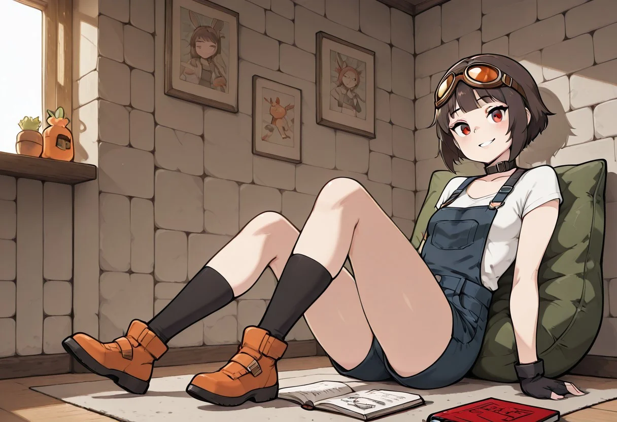 masterpiece, best quality, 1girl, solo, eyelashes, (beautiful eyes), zzMegu, red eyes, short hair, brown hair, short hair with long locks,
1girl, solo, paint-splattered overalls, cropped tank, mismatched socks, sketchbook, beanbag chair, easels, sunlight through dusty windows, relaxed campus vibe, sitting pose, indie art aesthetic a Sprawled in a beanbag chair, SilvaCitronOC sketches idly in a worn notebook, ears twitching to the rhythm of an unseen jazz track. Sunlight filters through dusty studio windows, catching on the dry paint flecks on her clothes. Her goggles rest loose around her neck a an artist in flow, mid-dream. cozybedroom