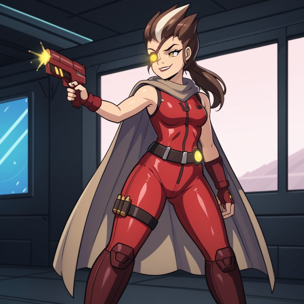 Raelynn, solo, 1girl, eyepatch, bodysuit, cape,  streaked hair, brown hair, ponytail, smug, confident, aiming gun,  BREAK, sci-fi background, indoors
