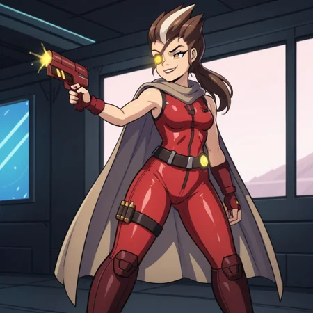 Raelynn, solo, 1girl, eyepatch, bodysuit, cape, streaked hair, brown hair, ponytail, smug, confident, aiming gun, BREAK, sci-fi background, indoors