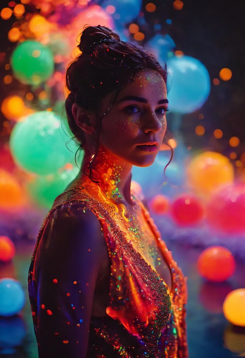 cinematic LUT, woman focused, high-class VIP, (glowing sap viscous fluid environment:1.28), multicolor vibrant RGB mixing, lava lamp, swirling amorphous liquid rising bubbling into sky, bioluminescent glowing dust particles, sloshing waves, non-newtonian fluid, (prismatic color grading), 4k, highres, best quality, dramatic, cinematic, epic, (concept art, digital art, realistic, professional masterpiece, dynamic, (curvilinear perspective), establishing far shot, low depth of field, tilt shift, iris blur, bokeh, sharp clarity:1.2), zavy-flrscnc, fine intricate details, interior lit, great lighting, dappled soft lighting, volumetric lighting, detailed highlights, rim lighting