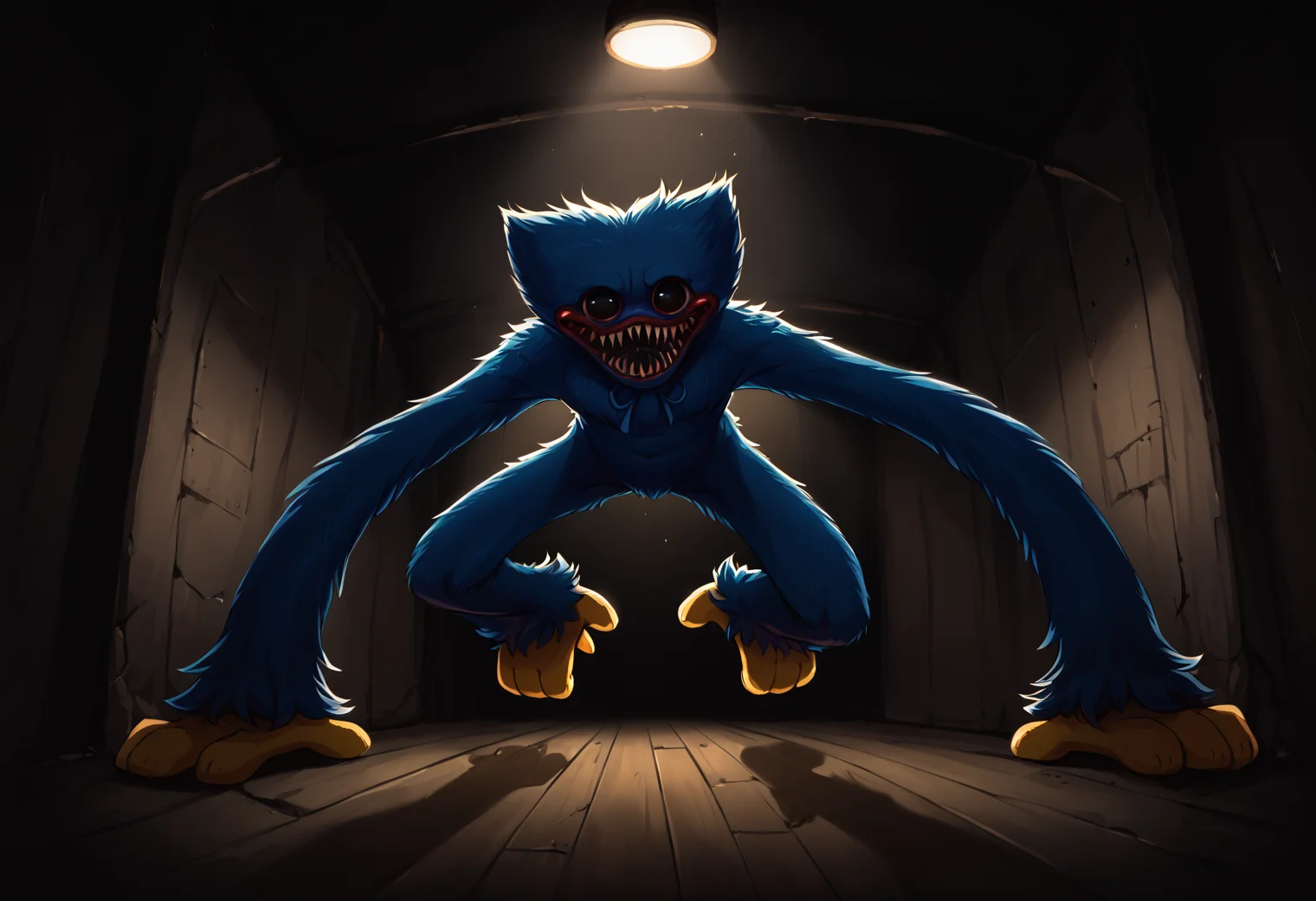 score_9, score_8_up, score_7_up, score_6_up, source_furry, dof, full-length portrait, solo, <lora:CHARACTER_HUGGY_WUGGY_Poppys_Playtime:1> huggy_wuggy, blue body, long limbs, dark background, interior, scary background, dark shadows, high contrast, cinematic, dynamic angle, <lora:dark_v1.9-pony:0.4> dark theme, dim lighting, dark background, dark room, backlighting,