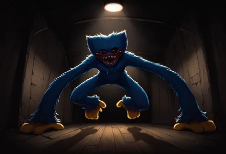 score_9, score_8_up, score_7_up, score_6_up, source_furry, dof, full-length portrait, solo, <lora:CHARACTER_HUGGY_WUGGY_Poppys_Playtime:1> huggy_wuggy, blue body, long limbs, dark background, interior, scary background, dark shadows, high contrast, cinematic, dynamic angle, <lora:dark_v1.9-pony:0.4> dark theme, dim lighting, dark background, dark room, backlighting,