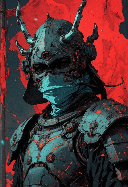 A dramatic masterpiece, stunning, hyper-realistic, highly detailed, stylized digital artwork inspired by 90s anime, cyberpunk aesthetics, and manga, featuring a close-up of an enigmatic armored figure clad in a futuristic reimagining of samurai battle gear. The avant-garde helmet is adorned with two jagged, elongated cobalt-blue metallic horns that extend like fractured lightning, radiating an eerie yet divine presence. The figure’s hollow, shadowed eyes exude an unsettling stillness, while the lower face is obscured by a glowing cyan scarf that pulses with an ethereal energy, casting a soft luminescence across the armor. The plating is an obsidian blend of ancient craftsmanship and cybernetic precision, each polished segment reflecting scattered neon-blue streaks of light. Intricate engravings and layered structures infuse the design with a mystic intensity, balancing celestial elegance with an ominous presence. In the background, a massive red flag, tattered and battle-worn, billows dramatically, its frayed edges whispering tales of war and forgotten legends. The flag’s deep crimson hue contrasts sharply with the figure’s dark metallic tones, amplifying the scene’s cinematic intensity and evoking a breathtaking fusion of mythology and futuristic artistry.