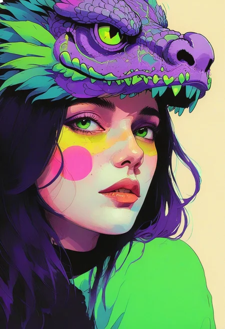a woman with a dragon-skull as a hat, shadow veiling her eyes, Conrad Roset, pop art, pop surrealism, dark color gradet, very detailed 3d effect, deep image visualisation, extreme depth of field, create a pop-art hyperpunk scene with desaturated dark purple and neon-green details, colorful (polaroid:0.7) with vibrant colors, (vacations, high resolution:1.3), (small, selective focus, european film:1.2), (sexual advance:1.1), closeup