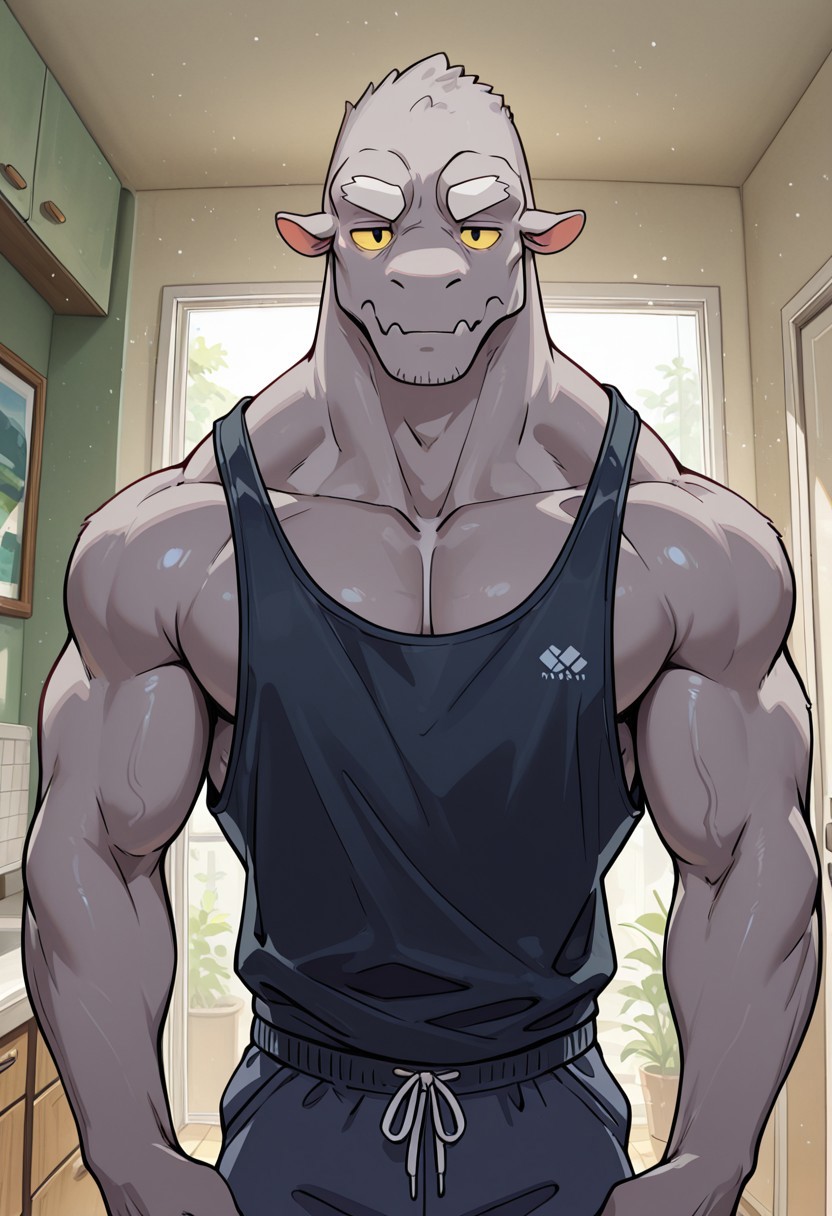 masterpiece, best quality, amazing quality, very aesthetic, absurdres, newest,  high quality, detailed, male, solo male, Leeds, 1boy, mature male, male, athletic build, anthro, monster, grey skin, white eyebrows, animal ears, black eyes, yellow sclera, broad shoulders, tank top, indoors, apartment, looking at viewer, standing, close up, bust shot, focus on face,
