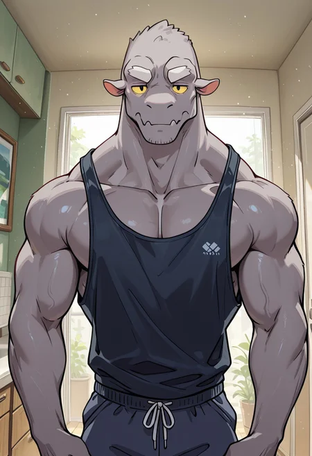 masterpiece, best quality, amazing quality, very aesthetic, absurdres, newest, high quality, detailed, male, solo male, Leeds, 1boy, mature male, male, athletic build, anthro, monster, grey skin, white eyebrows, animal ears, black eyes, yellow sclera, broad shoulders, tank top, indoors, apartment, looking at viewer, standing, close up, bust shot, focus on face,