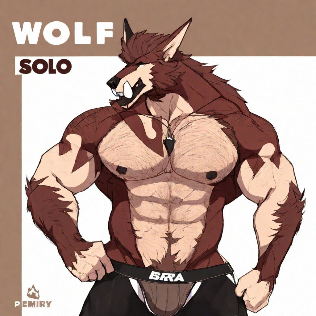 solo, looking at viewer, short hair, 1boy, navel, animal ears, underwear, nipples, tail, male focus, thighs, penis, armpits, stomach, pubic hair, uncensored, muscular, feet out of frame, facial hair, thick thighs, erection, abs, testicles, underwear only, wolf ears, pectorals, muscular male, male pubic hair, bara, wolf tail, clothing aside, furry, large pectorals, arm behind head, topless male, mature male, furry male, precum, male underwear, chest hair, navel hair, brown fur, armpit hair, tusks, wolf boy