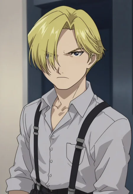 score_9, score_8_up, score_7_up, source_anime, highly detailed,
russelltringham, 1boy, solo, male focus, blonde hair, blue eyes, hair over one eye, holding, parody, looking at viewer, upper body, suspenders, shirt, collared shirt, pants, frown, looking to the side,