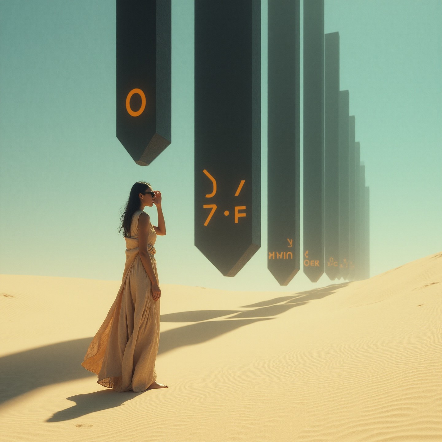 The scene is a vast alien desert at noon with (pale azure:0.5) rippled sand stretching to the far horizon. Black monoliths (float:1.21) in a line over the desert, defying gravity, inscribed with faint orange alien symbols. There are stark sharp shadows under the monoliths. A solitary female figure, wearing sunglasses, dressed in flowing garments takes shelter from the sun under a black monolith (hanging unsupported in the air:1.21), defying gravity. She shades her eyes with her hand and looks out across the desert. The figure's garments flap and billow in the strong wind. Fine sand whirls in the air. There is a strong sense of mystery and great age. Although the composition is fairly minimal, the textures of the sand, the monoliths and the woman's garments provide intricate details. Overall, the image is fine art on an epic scale.