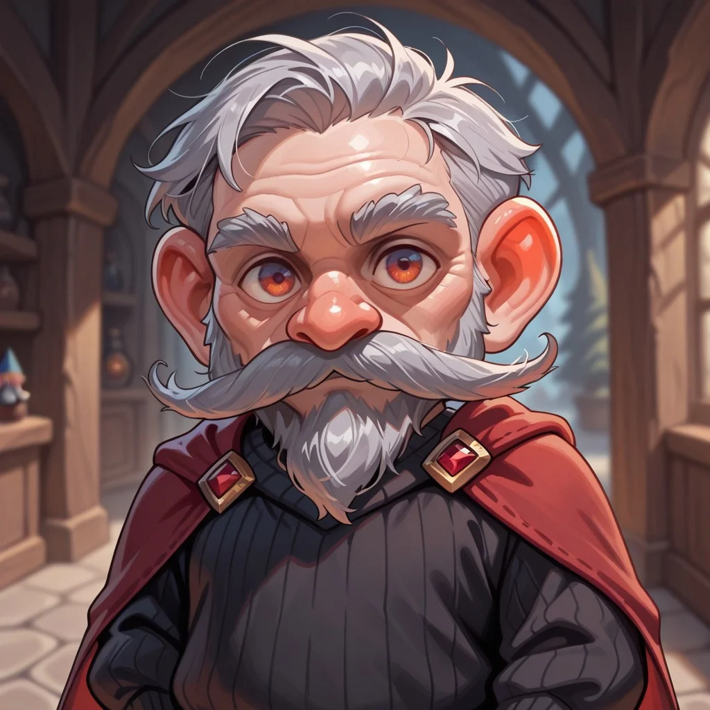 masterpiece, best quality, amazing quality, very aesthetic, solo, upper body,
gnome, short stature, shortstack, big eyes, big ears,
1 boy, male focus, old man, gray hair, mustache, black sweater, red cape, 
looking at the viewer, posing,
fantasy background, blurred background,