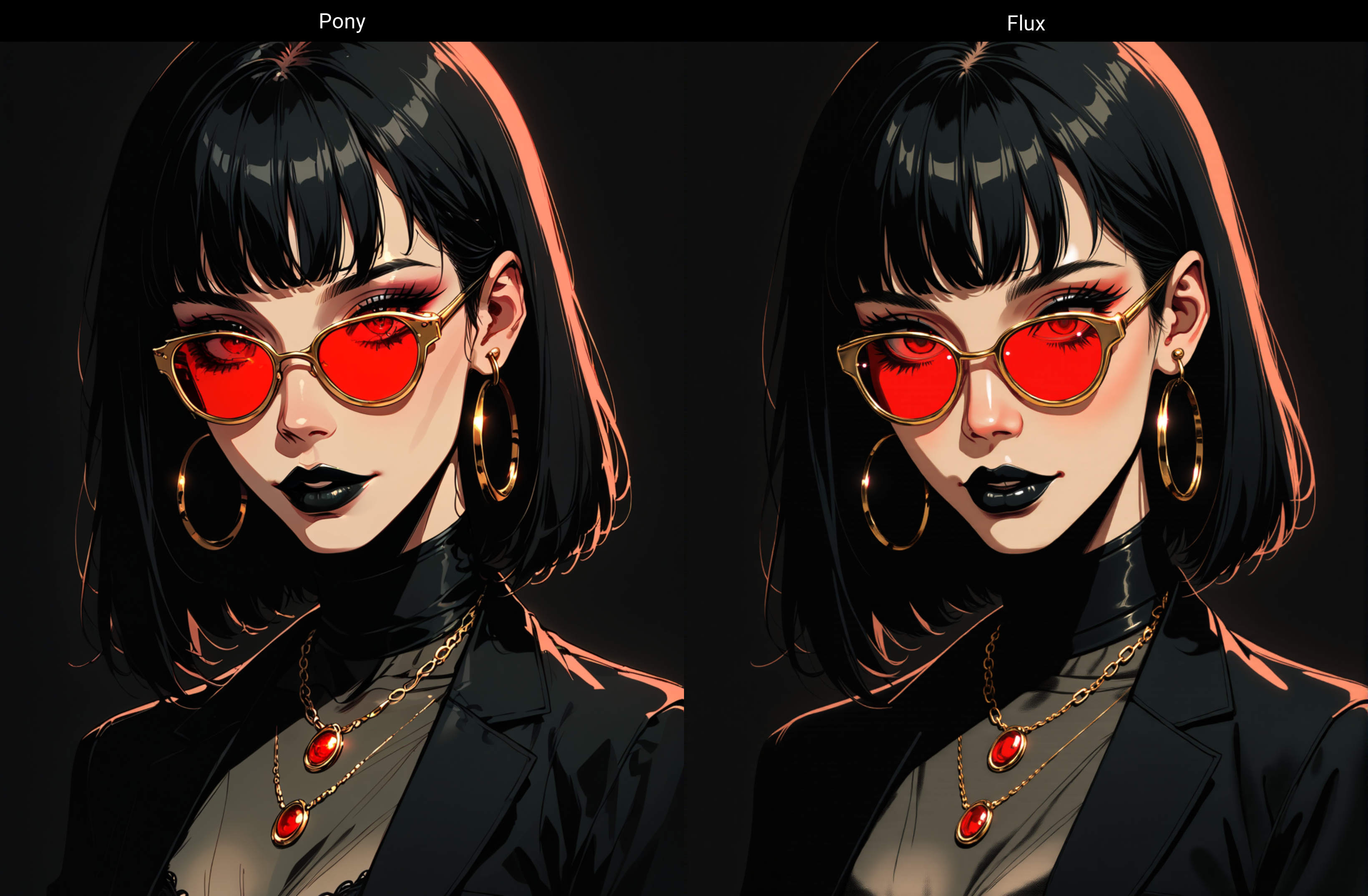 score_9, score_8_up, score_7_up, score_6_up,Stylized digital portrait of a woman with fair skin and short, dark hair. The subject is wearing red-tinted sunglasses with round skinny gold rims glass, a gray shirt, and a black blazer. They have a confident expression with black lipstick and a relaxed posture. The background is a solid black, vibrant red, which contrasts with the subject's attire. The person is accessorized with gold jewelry, including a necklace with a pendant and small hoop earrings. The overall composition is bold and striking, with a focus on the subject's face and upper body. easynegative, sinozick style, flat color, dark theme, g4n1m3<lora:Pony\Sinozick_Style_XL_Pony.safetensors:0.4:0.4> <lora:Pony\g4n1m3XLP.safetensors:0.37:0.37>