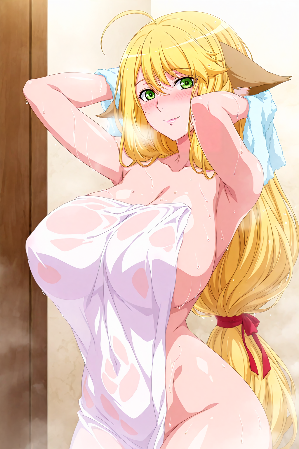 A woman just finished taking a shower and came out of the bathroom to wipe her hair,wiping hair with towel,
front view,indoors,see-through,wet,wet clothes,wet hair,transparent clothes,no panties,no bra,steaming body,steam,heavy breathing,
1girl,mature female,milf,huge breasts,narrow waist,wide hips,cowboy shot,blush,embarrassed,embarrassed smile,wiping hair with towel,looking at viewer,arms up,
Best quality,masterpiece,soft light,official art,high quality,highres,absurdres,epic scene,natural textures,<lora:Tushan Honghong IL:1>,tushan honghong,long hair,low-tied long hair,animal ears,ahoge,blonde hair,green eyes,fox ears