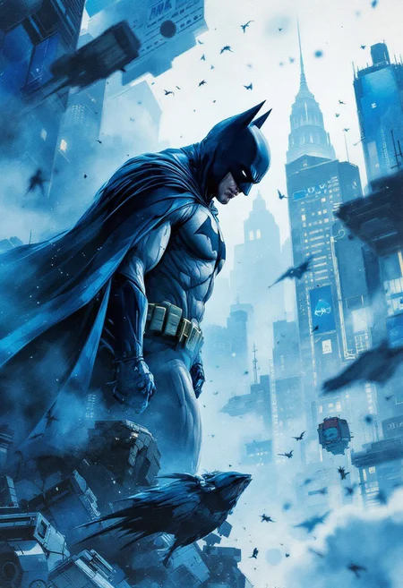 Batman, urban comics, blue patterns, DC, sci-fi, high tech, iconographic, glitchy backgrounds, watercolor, ink, fog, interactivity, high detail, art style by Clayton Crane + Ross Tran + Rachel Walpole + Jessica LeVay + Dan Walbert + Simon Stålenhag + Brian Stelfreeze