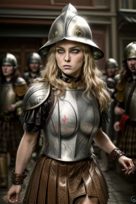 (hyperrealistic photograph:1), transforming into a blond werewolf, warm volumetric lighting, dynamic dramatic pose, running, dashing,1girl, fierce beautiful guard in a brass breastplate and skirt, lupine features, lupine blond hair, wide brimmed conquistador helmet, gaunt face, pale-skin, spooky golden wolf eyes, feminie figure, cleavage, detailed background, fFaceDetail, ((wearing leather collar, small round brass id tag hanging from choker)),