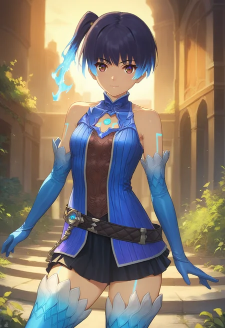 score_9, score_8_up, score_7_up, 1girl, solo, cosplay, ribbed shirt, elbow gloves, thigh boots, dress belt, pleated skirt, brown eyes, thigh markings, shoulder markings, chest jewel, sena, fiery hair, short hair, outdoors<lora:sena xl 010 fro 95:1>