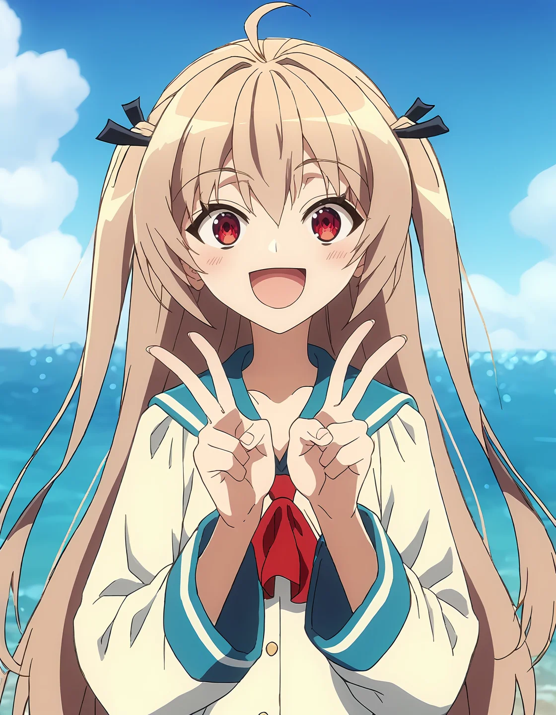 score_9, score_8_up, score_7_up, score_6_up, score_5_up, score_4_up, source_anime, <lora:ATRI_T1V1:0.90>, <lora:sdxl_lightning_8step_lora:1>,
1girl, solo, anime screencap,
ATRI_T1V1, light brown hair, long hair, two side up, hair between eyes, ahoge, red eyes,
hair black ribbon, eyes visible through hair,
school uniform, sailor dress, white dress, long sleeves, wide sleeves, blue sailor collar, red neckerchief,
hands up, double v,
looking at viewer, smile, open mouth, light blush,
outdoors, blue sky, ocean, horizon, day,