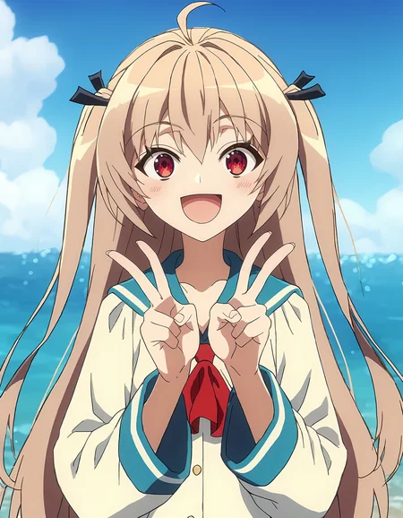 score_9, score_8_up, score_7_up, score_6_up, score_5_up, score_4_up, source_anime, <lora:ATRI_T1V1:0.90>, <lora:sdxl_lightning_8step_lora:1>, 
1girl, solo, anime screencap,
ATRI_T1V1, light brown hair, long hair, two side up, hair between eyes, ahoge, red eyes, 
hair black ribbon, eyes visible through hair, 
school uniform, sailor dress, white dress, long sleeves, wide sleeves, blue sailor collar, red neckerchief, 
hands up, double v, 
looking at viewer, smile, open mouth, light blush, 
outdoors, blue sky, ocean, horizon, day,