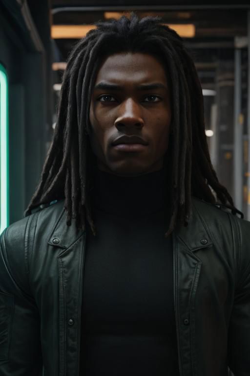 black male, mature, dark skin, strong, muscle, powerful, strong jaw, masculine, heavy set, tall, dark hair, long hair, long dreadlocks, stern, mean, ((detailed skin+face+nose)), details, wrinkles, high-definition, (((8k HDR))), masterpiece, best quality, ultra-realistic, cyberpunk full clothing, military, military theme, (wearing green fatigues+shirt), cyberpunk military, cyberpunk neon room, bright neon room, various perspectives, near, closer, close up, clothing, expressive, exaggerate, matching eyes