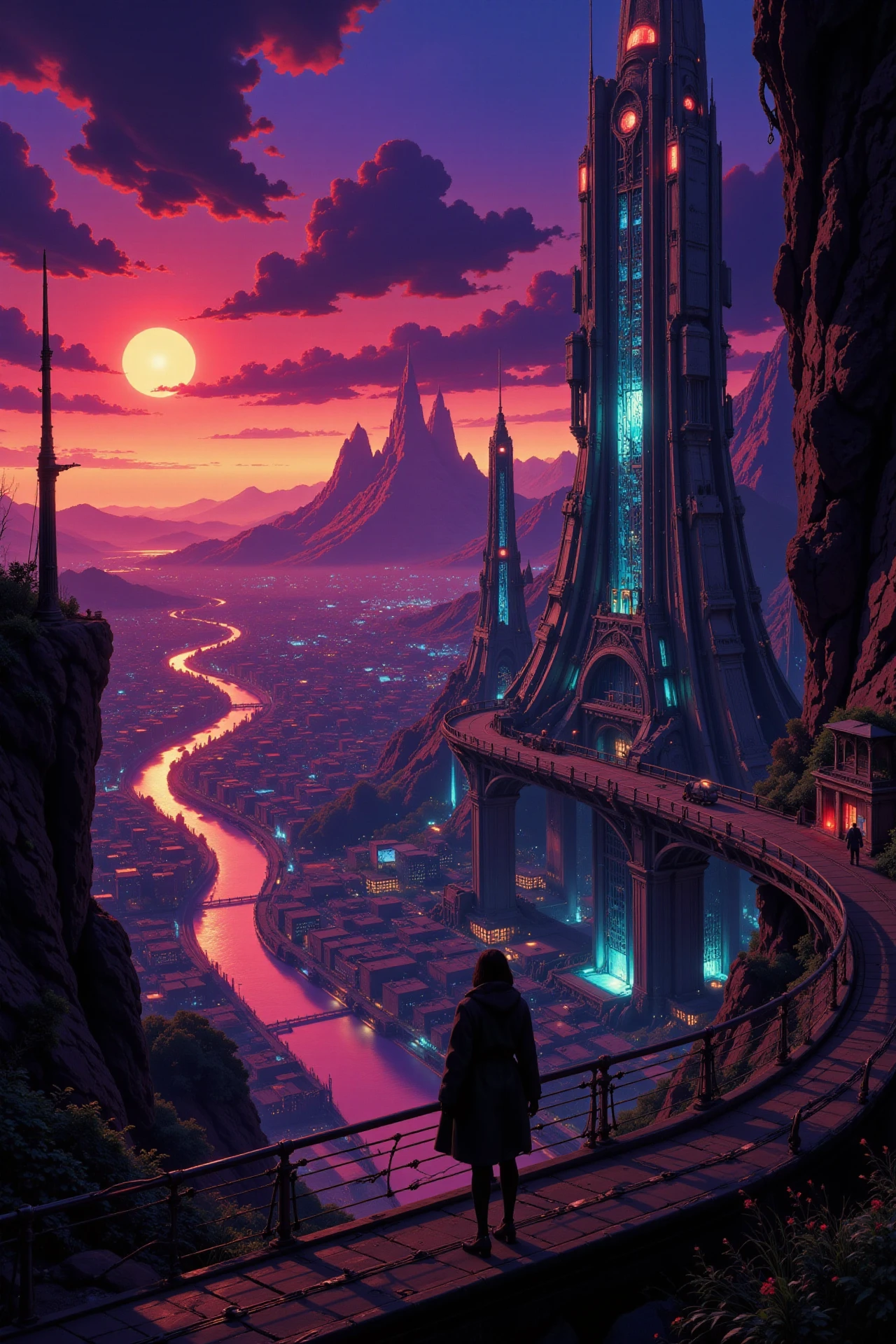 a futuristic sci-fi fantastic cyberpunk city beautiful  landscape, dusk, woman, very intricate, very detailed, sharp, bright, colorful, <lora:Hand v2:0.5> <lora:Anti-Blur:1><lora:Insane Detail Slider:0.25>  <lora:flux.1_lora_flyway_Epic-detail_v2:0.3> <lora:fluxenhancer:0.25> <lora:Anime_style:0.6> anime style