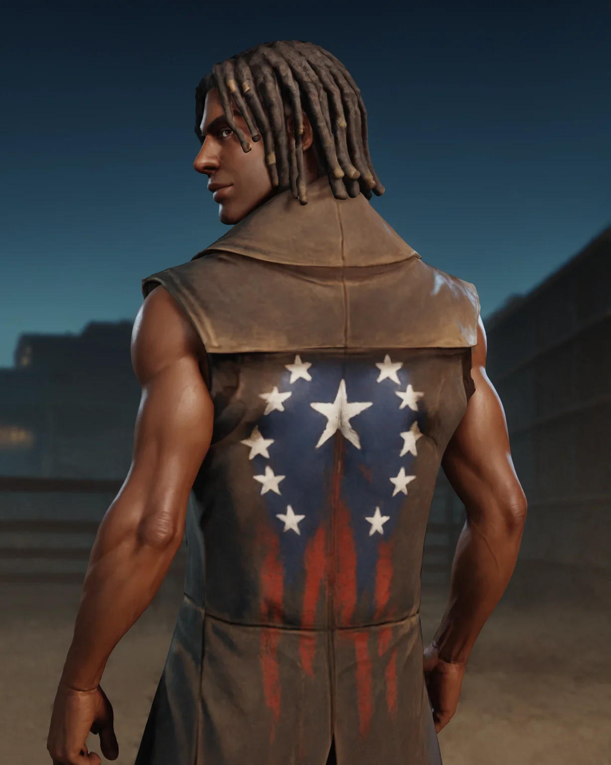 score_9, score_8_up, score_7_up, rating_questionable, intricately detailed, high resolution,<lora:Ulysses_Fallout_New_Vegas:0.8>, realistic,
1boy(u1ysses, ulysses_coat, african, dark brown skin, black hair, dreadlocks, sleeveless, brown leather coat, bandolier, undershirt with holes, muscular, cowboy shot, solo, looking at viewer), ,
postapocalyptic wasteland, at night, night, darkness
,
back view,
<lora:ral-chrosc-clr:0.7>, ral-chrosc-clr,
<lora:Expressive_H:0.5>
<lora:xl_more_art-full_v1:0.3>,
<lora:add-detail-xl:0.3>
