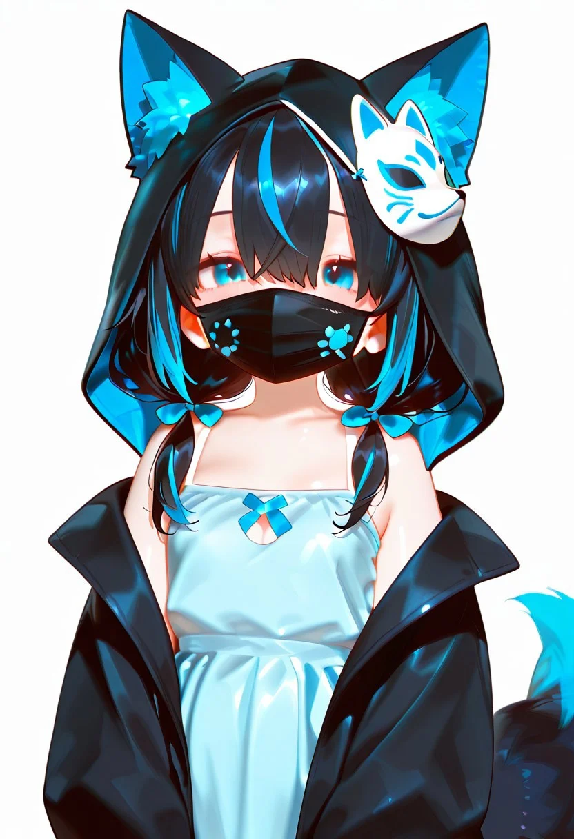 mask,(mouth mask:1.3),(cat mask:1.2),low twintails,solo,(hair over eyes:1.2),animal ears,black hair,fox ears,multicolored hair,(blue hair:0.8),streaked hair,(hood up:1.2),fox tail,(multicolored tail:1.2),black tail,blue tail,black ears,black mask,open jacket,black jacket,white background,animal ear fluff,tail,virtual youtuber,sleeves past wrists,short hair,hair bow,off shoulder,dress,open,blue eyes,fox mask,